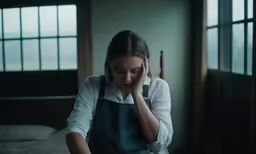 a woman in an apron looks down at her laptop