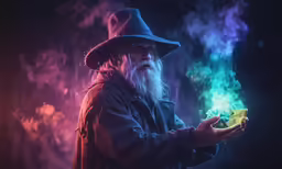 a man with a long beard holding a glowing object in his hand