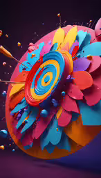 an abstractly colored paper flower on purple and pink background,a colorful circular object that appears to be shaped with colored paint