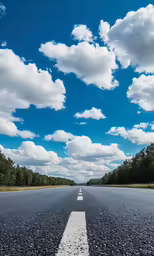 an empty, deserted road lined with trees and clouds