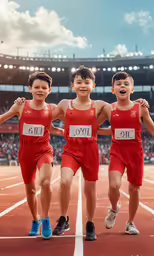 three boys wearing red running suits on a race track