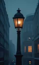 a lamp post with buildings in the background