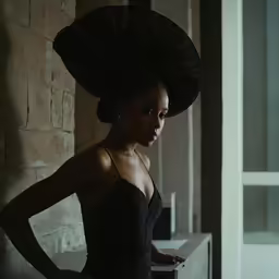 woman in black dress with black large hat looking at camera
