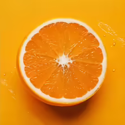 an orange cut in half sitting on a yellow surface