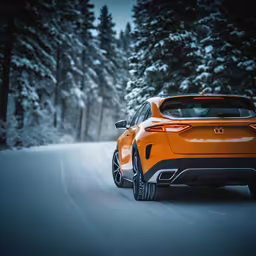 an orange suv driving down a snowy road