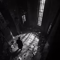 person looking in the middle of a huge hall full of broken windows