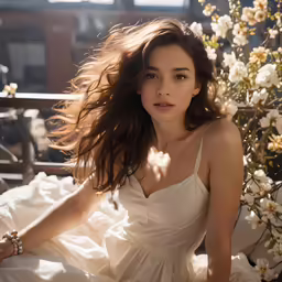 a woman sitting down in front of white flowers