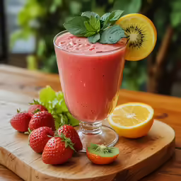 a drink is served in a glass, garnished with mint and strawberries