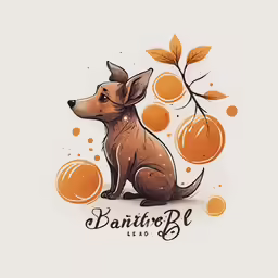 a drawing of a dog sitting down on top of an orange tree