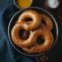 small, sugary pretzels in a bowl and a bowl of dressing sit next to it