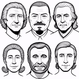 six people with different facial expressions,an illustration of several presidents, including lincoln roosevelt,a drawing of three men with beards and mustaches,an older drawing of four different men