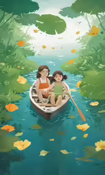 an illustration of two people in a boat on the river