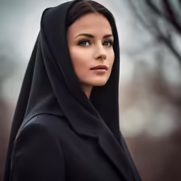 the woman in a black hood is posing for a photo