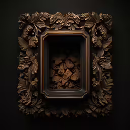 a gold frame filled with leaf and metal objects