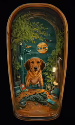 a dog is pictured framed in a carved glass frame