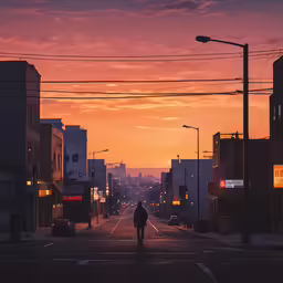 a person walking across the street at sunset