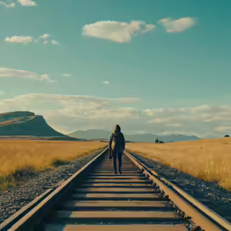 a person walking on a train track that is empty