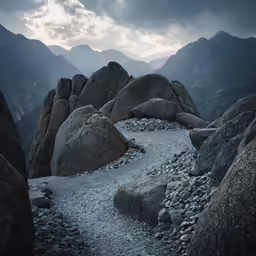 large rocks on a hillside and rocky path in between them