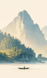 a small boat in the water near mountains