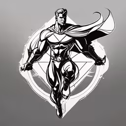 superman illustration by mike schicz,a black and white drawing of a man dressed like superman
