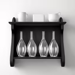 the wall shelf holds three bottles and three cups