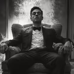 a man is sitting in a chair wearing a suit and bow tie