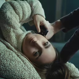 a young woman is lying down with the back turned and holding her phone