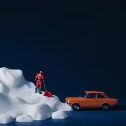 a man on skis with a car in the snow