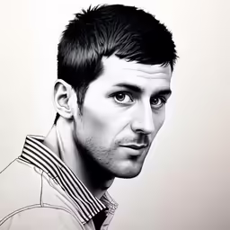 the black and white photo shows a man in a striped shirt