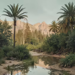 a palm tree lined river surrounded by mountains