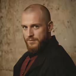 a balding man with a beard is staring at the camera