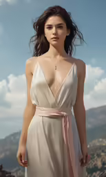 a model wearing a white dress with a pink belt