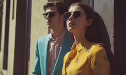 the man is leaning on the wall while his woman stands in the background