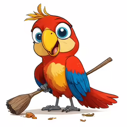 a cartoon bird with a broom and eyes