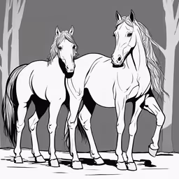 two horses in the snow under some trees,two horses standing in the middle of a snowy forest