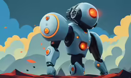 a robot with two red lights and one is on a beach