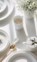 some white dishes and bowls and flowers