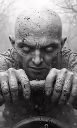 a bald man with hands on top of a tire