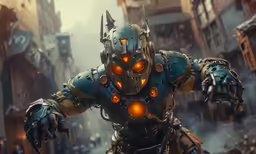 a scene of a futuristic looking robot with glowing eyes and yellow glowing eyes