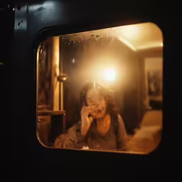 a woman sits looking out the window at the night