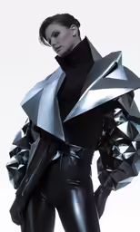 the beautiful model poses in an unusual metal outfit