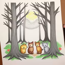 a drawing of four different bears in the woods