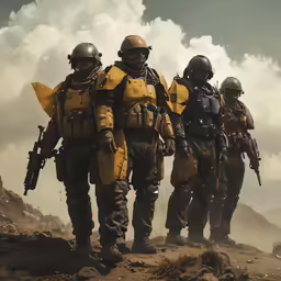 group of soldiers wearing yellow military uniforms on rocky area