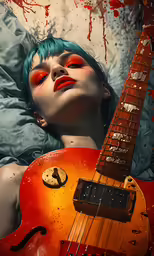 a lady laying in bed with a guitar