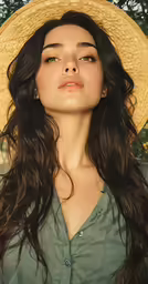 a woman wearing a straw hat with long hair
