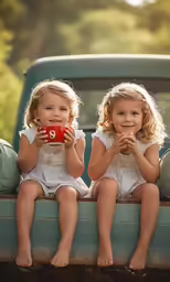 two young girls are sitting in the back of a truck