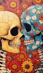 two skeletons are standing next to each other