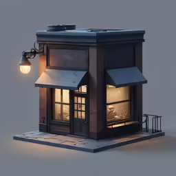a small house with a roof, window and lights at night