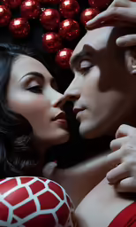 a young man and woman touching heads close together