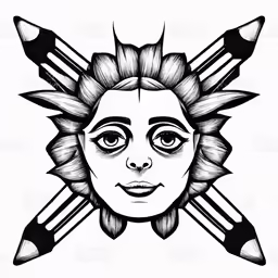 a drawing with pencils on it and an artistic face in the center